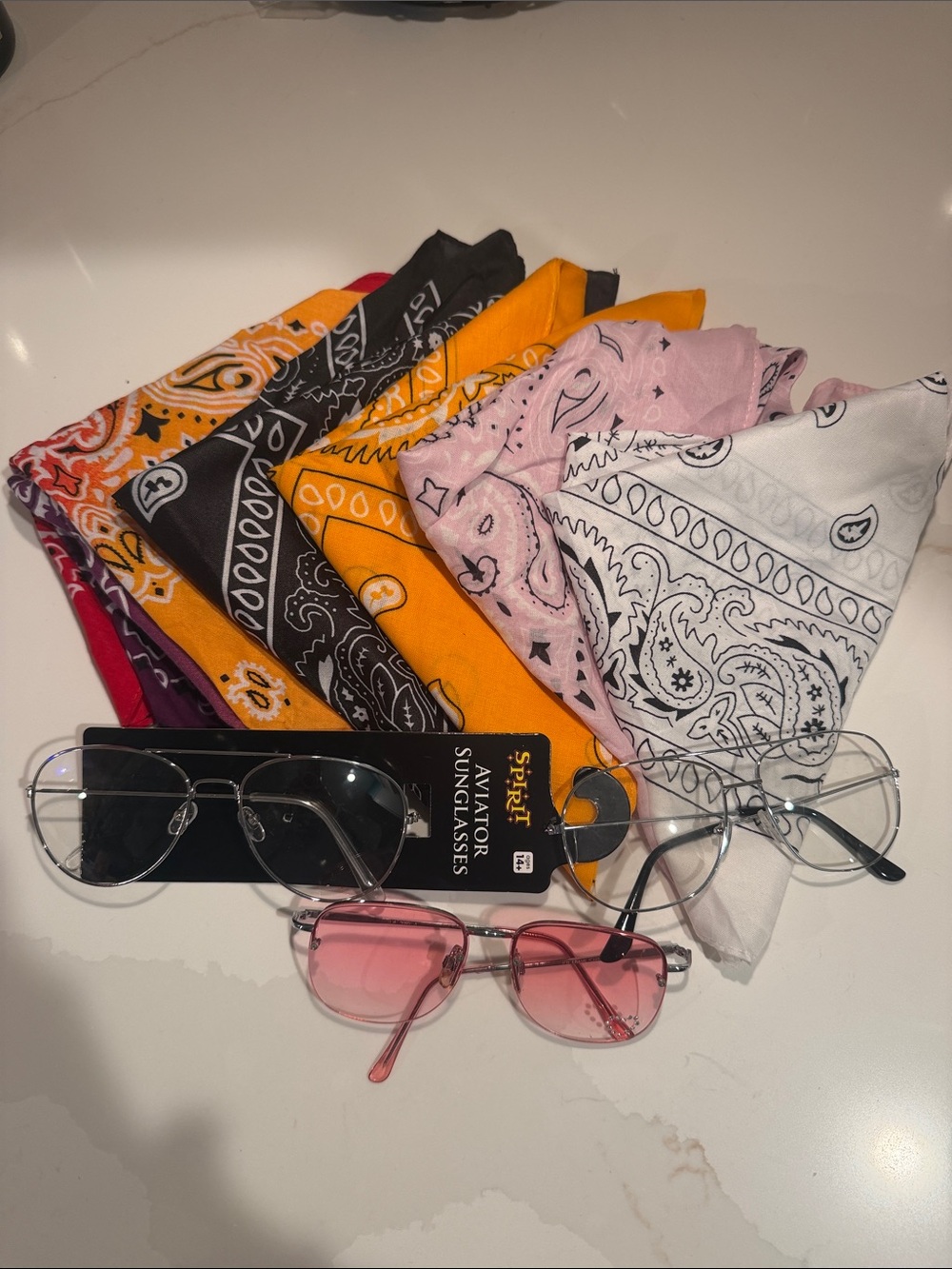 Festival Pack: 5 Colorful Bandannas, 2 clear Aviator Glasses, Pink charmers